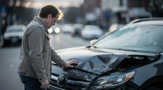 Automobiliste debout face a sa voiture accidentee, reflechissant aux consequences financieres d'un accident responsable