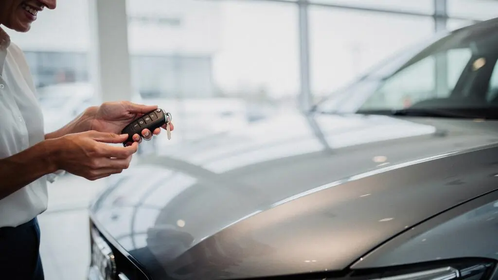 Acheteur recevant les clés d'une voiture neuve dans un showroom, symbolisant le choix entre mandataire et concessionnaire