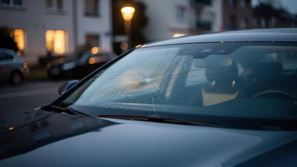 Pare-brise de voiture craquelé avec reflets de lumière illustrant le vrai coût du bris de glace sans franchise
