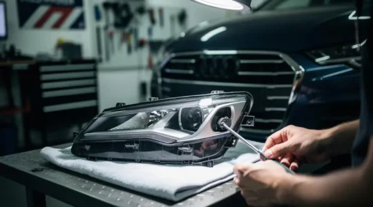 Gros plan sur un bloc optique de voiture moderne démonté, entouré d'outils, illustrant la complexité du changement d'ampoule pour un amateur