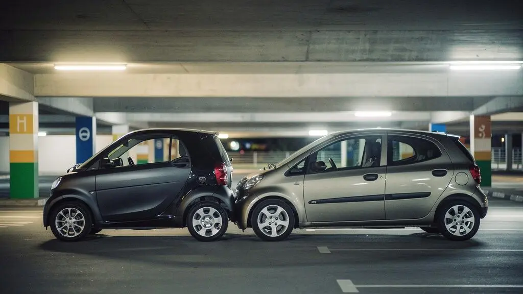 Illustration symbolique comparant le cout d'assurance d'une voiturette sans permis et d'une citadine classique garees cote a cote