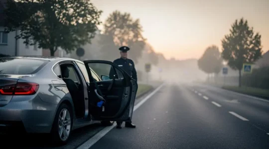 Scene editoriale d'un controle routier avec vehicule et gendarme evoquant la question de l'amende pour passager non attache
