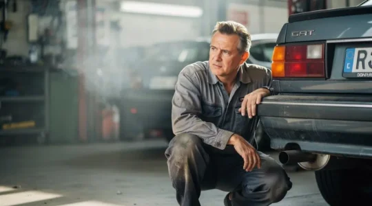 Mécanicien examinant le pot d'échappement d'une voiture ancienne dans un garage avant un contrôle technique antipollution