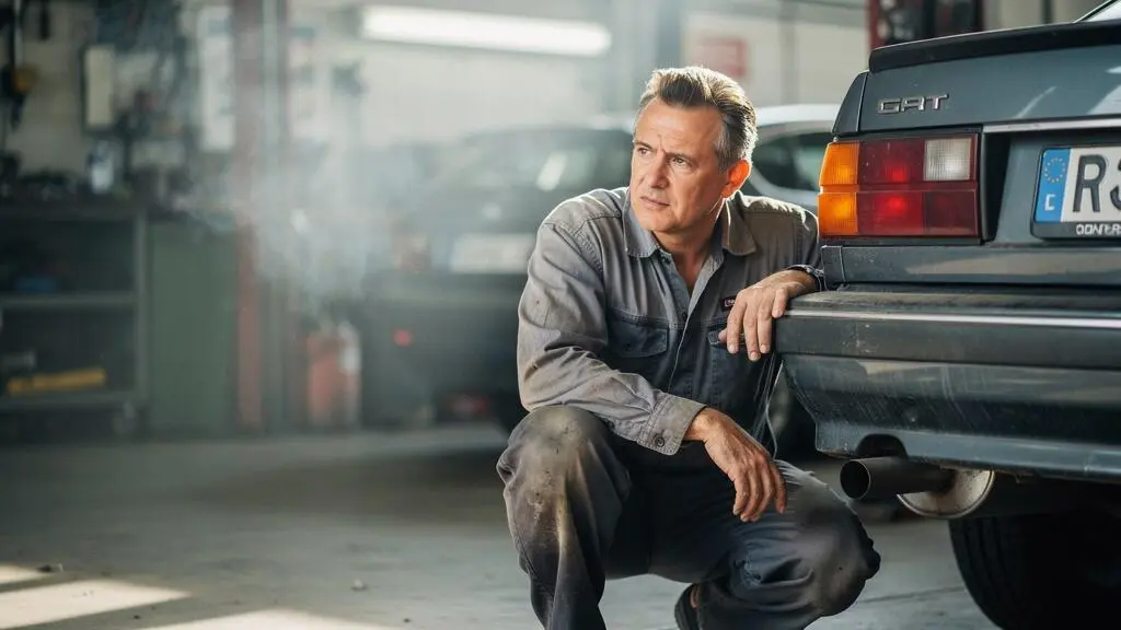 Mécanicien examinant le pot d'échappement d'une voiture ancienne dans un garage avant un contrôle technique antipollution