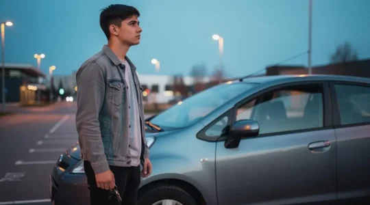 Jeune conducteur pensif appuyé contre sa voiture, symbolisant le poids financier de la première année d'assurance après le permis