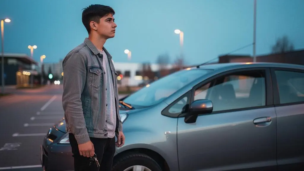 Jeune conducteur pensif appuyé contre sa voiture, symbolisant le poids financier de la première année d'assurance après le permis