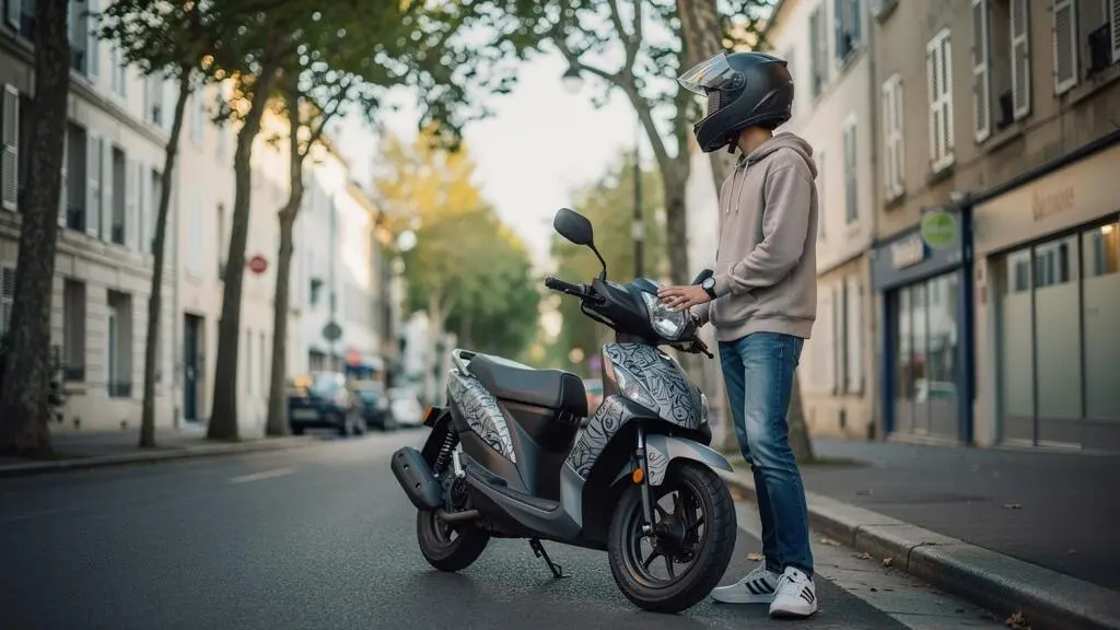 Jeune adolescent casque debout pres d'un scooter gare dans une rue residentielle francaise, symbolisant le cout du brevet AM