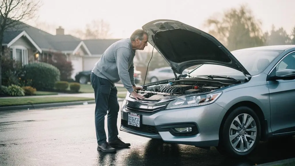 Automobiliste à l'écoute du moteur lors d'un essai routier avant l'achat d'une voiture d'occasion, capot ouvert dans une lumière naturelle