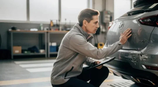 Expert automobile examinant un véhicule accidenté, symbole de la balance entre neutralité professionnelle et enjeux financiers de l'assurance
