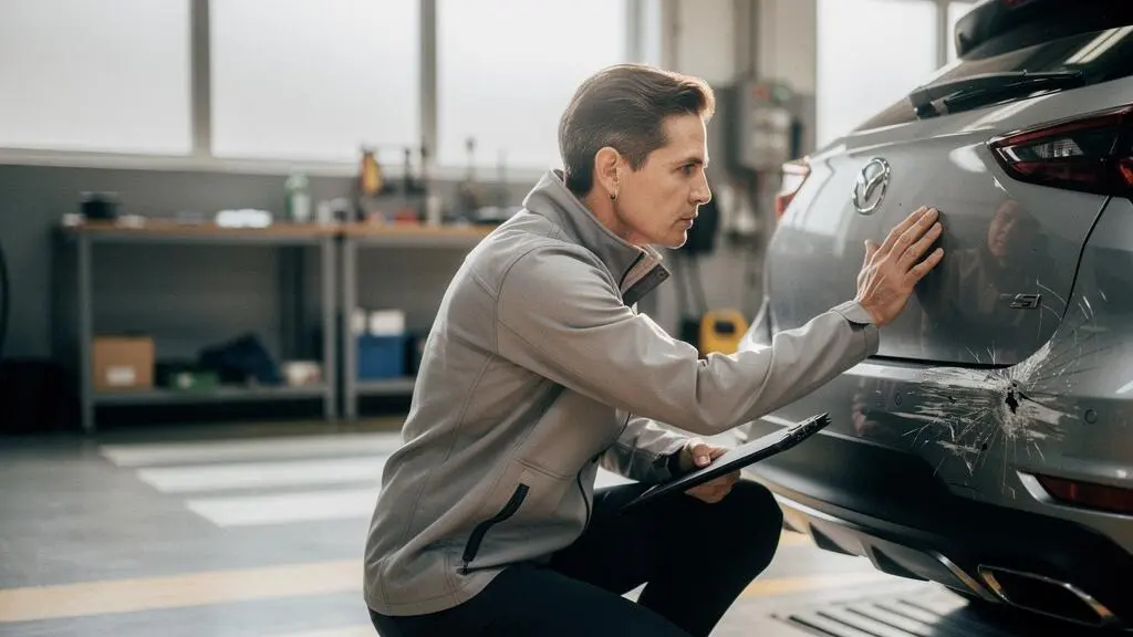 Expert automobile examinant un véhicule accidenté, symbole de la balance entre neutralité professionnelle et enjeux financiers de l'assurance