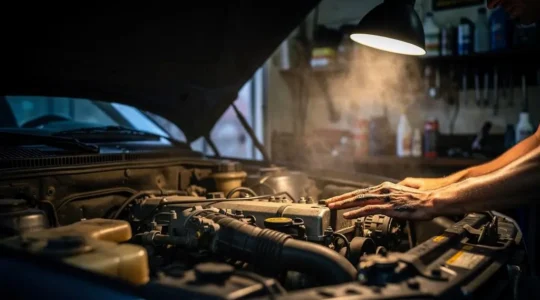 Photographie editoriale d'un moteur de voiture ancienne inspecte sous un eclairage dramatique, symbolisant le dilemme de la garantie panne mecanique