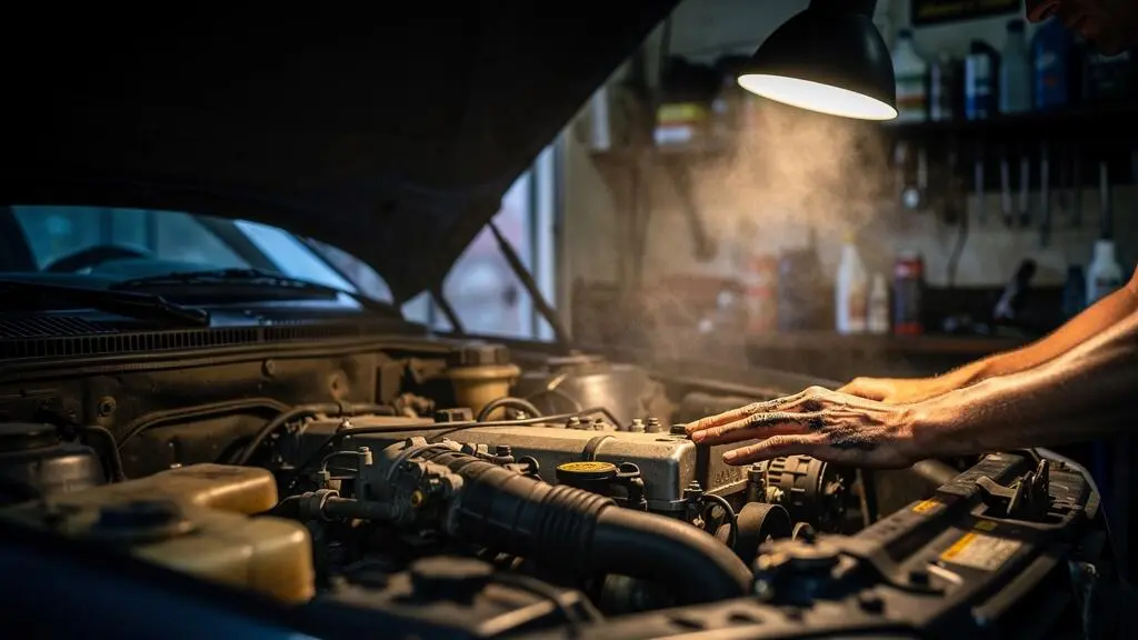 Photographie editoriale d'un moteur de voiture ancienne inspecte sous un eclairage dramatique, symbolisant le dilemme de la garantie panne mecanique