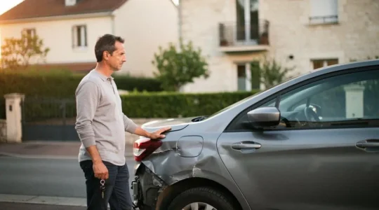 Automobiliste réfléchissant devant sa voiture accidentée, symbolisant le choix entre indemnisation en argent et réparation en garage agréé