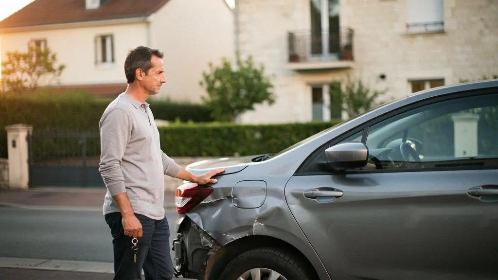 Automobiliste réfléchissant devant sa voiture accidentée, symbolisant le choix entre indemnisation en argent et réparation en garage agréé