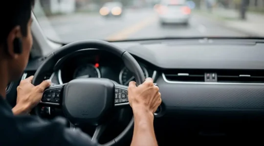 Conducteur au volant utilisant un dispositif mains libres Bluetooth, les deux mains sur le volant, dans une lumière naturelle de fin de journée