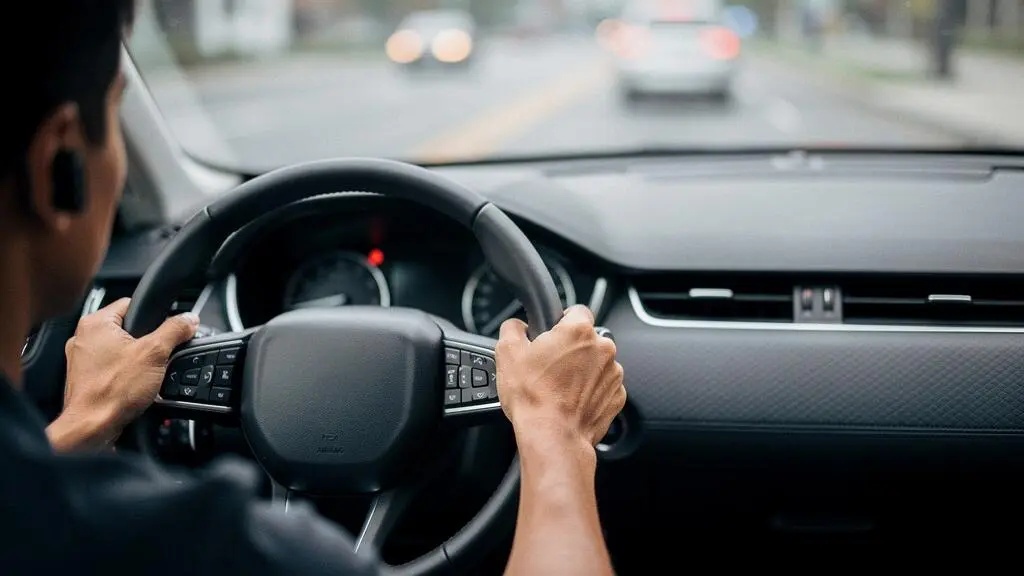 Conducteur au volant utilisant un dispositif mains libres Bluetooth, les deux mains sur le volant, dans une lumière naturelle de fin de journée