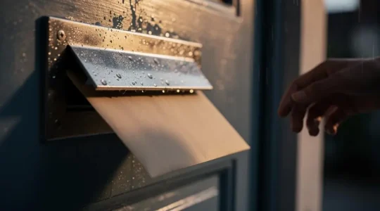 Enveloppe de courrier recommandé glissée dans une boîte aux lettres sous la pluie, symbolisant le risque de déchéance de garantie lié à un retard postal