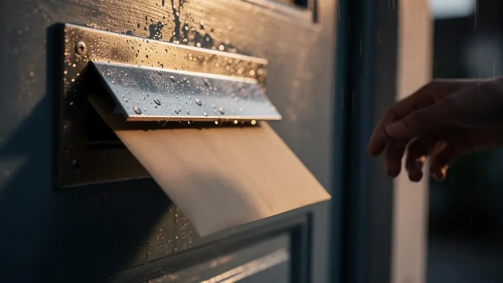 Enveloppe de courrier recommandé glissée dans une boîte aux lettres sous la pluie, symbolisant le risque de déchéance de garantie lié à un retard postal