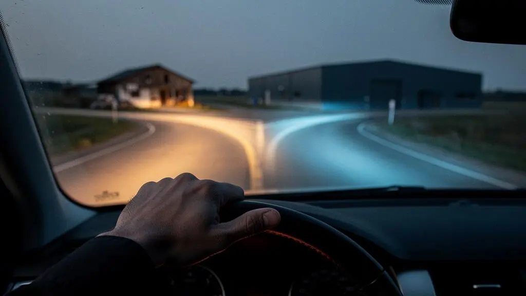 Un automobiliste face à un choix symbolique entre deux directions de réparation automobile, illustrant la liberté de choisir son garage