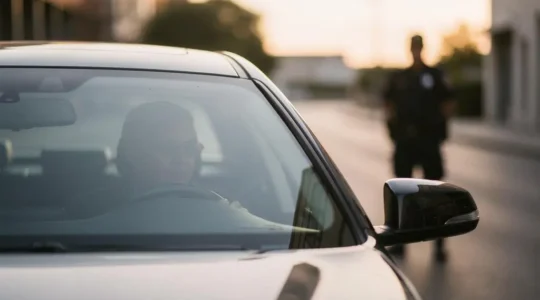 Vue rapprochée d'une vitre avant de voiture légèrement teintée laissant deviner un profil au volant, sous une lumière naturelle contrastée