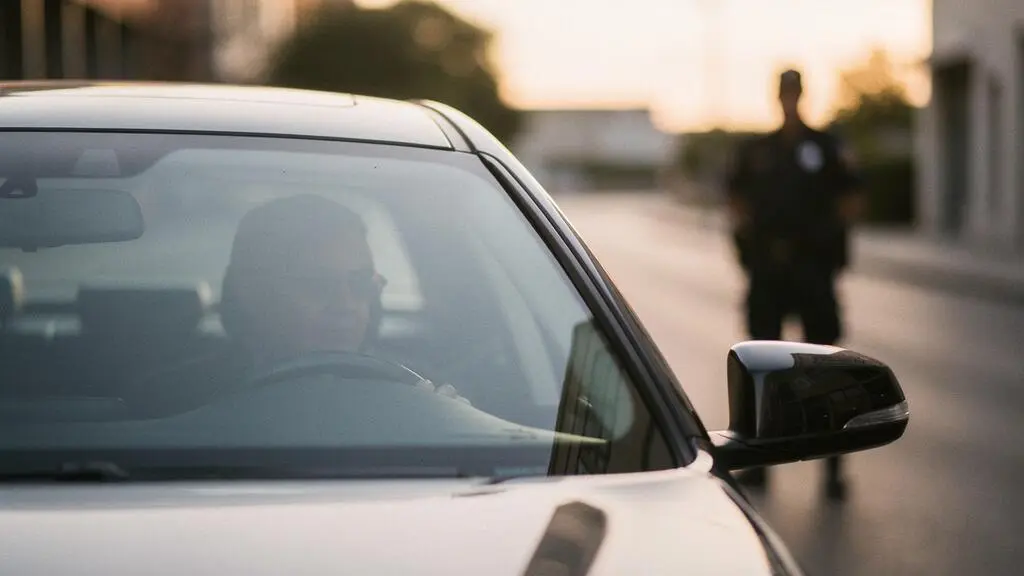 Vue rapprochée d'une vitre avant de voiture légèrement teintée laissant deviner un profil au volant, sous une lumière naturelle contrastée