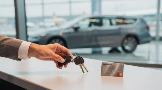 Conducteur hésitant entre la remise des clés d'une voiture de location et sa carte bancaire au comptoir d'une agence