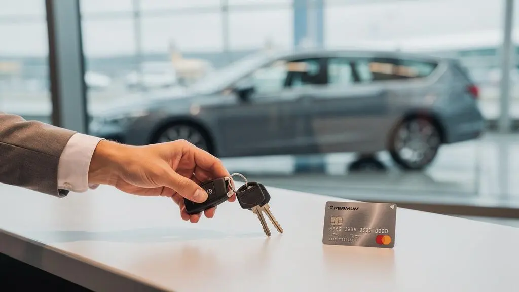 Conducteur hésitant entre la remise des clés d'une voiture de location et sa carte bancaire au comptoir d'une agence