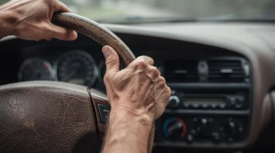 Gros plan sur des mains posées sur un volant en cuir usé et fissuré, symbole du choix entre couvre-volant et réfection
