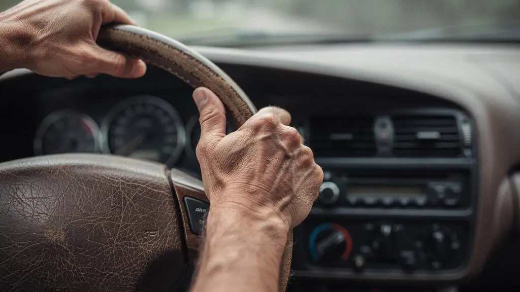Gros plan sur des mains posées sur un volant en cuir usé et fissuré, symbole du choix entre couvre-volant et réfection