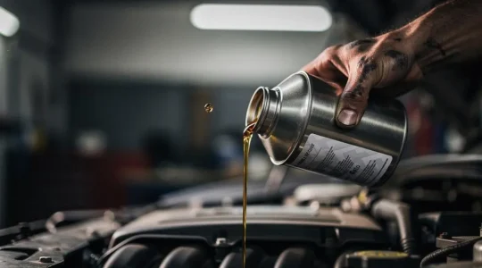 Gros plan artistique sur le contrôle des niveaux de liquides moteur, symbole du risque pour le FAP et la garantie auto