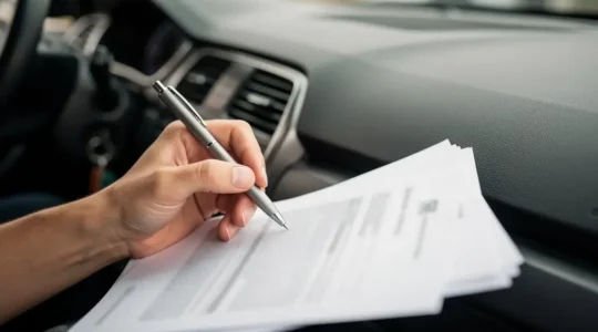 Gros plan sur une main tenant un stylo au-dessus d'un contrat d'assurance auto flou, symbolisant la lecture attentive des petites lignes avant signature