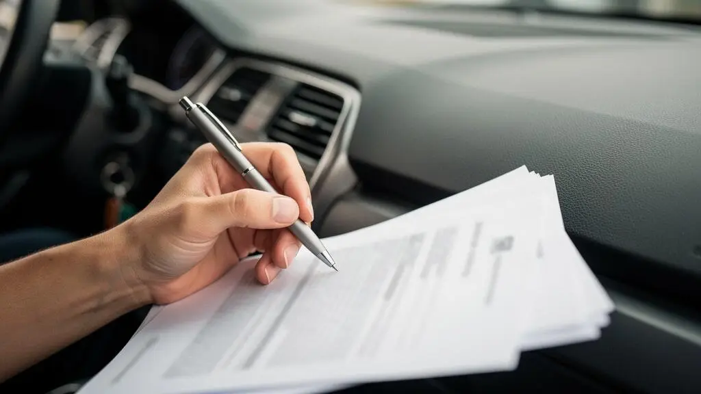 Gros plan sur une main tenant un stylo au-dessus d'un contrat d'assurance auto flou, symbolisant la lecture attentive des petites lignes avant signature