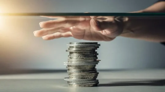 Une main posée sur une paroi de verre translucide bloquant l'accès à une pile de jetons, symbolisant le plafond d'indemnisation d'une assurance