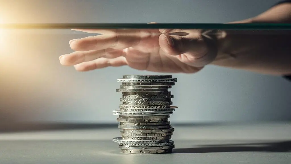 Une main posée sur une paroi de verre translucide bloquant l'accès à une pile de jetons, symbolisant le plafond d'indemnisation d'une assurance