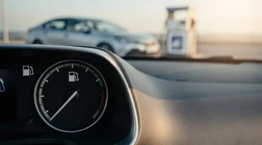 Jauge de carburant d'une voiture de location suspendue entre plein et vide, symbole du piege des frais de service caches