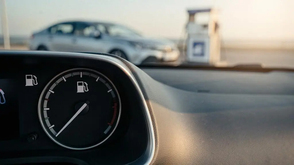 Jauge de carburant d'une voiture de location suspendue entre plein et vide, symbole du piege des frais de service caches