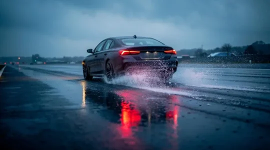 Voiture freinant sur route mouillée avec projections d'eau illustrant la différence de distance de freinage entre pneus pluie et pneus 4 saisons