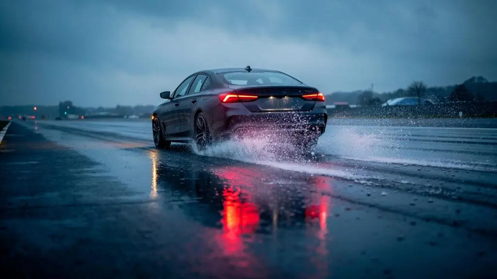Voiture freinant sur route mouillée avec projections d'eau illustrant la différence de distance de freinage entre pneus pluie et pneus 4 saisons