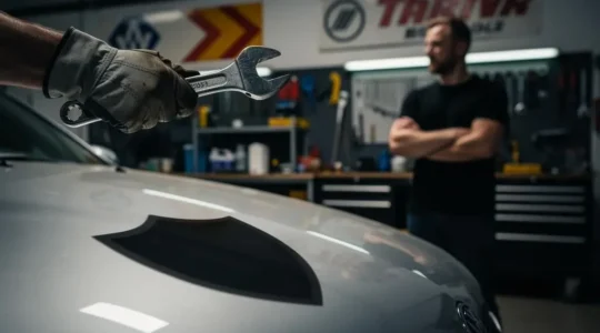 Illustration symbolique d'un automobiliste protégé juridiquement face à un garage malhonnête
