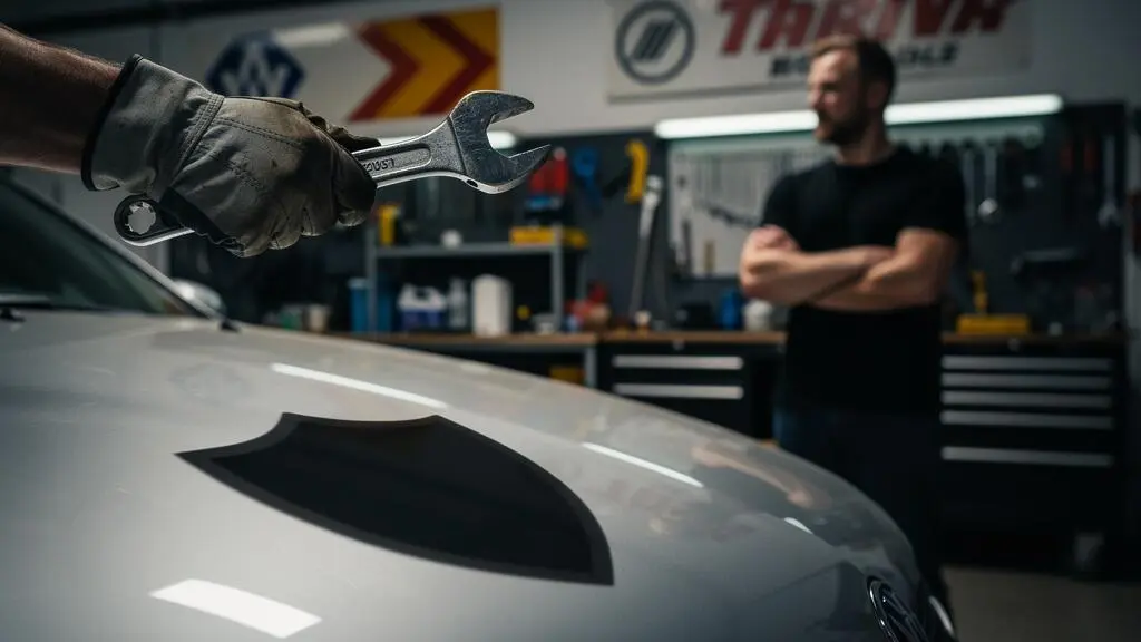 Illustration symbolique d'un automobiliste protégé juridiquement face à un garage malhonnête