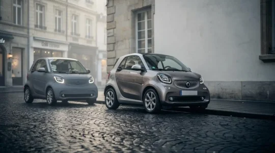 Deux quadricycles urbains, un modele leger et un modele lourd, gares cote a cote dans une rue europeenne illustrant la difference de categorie