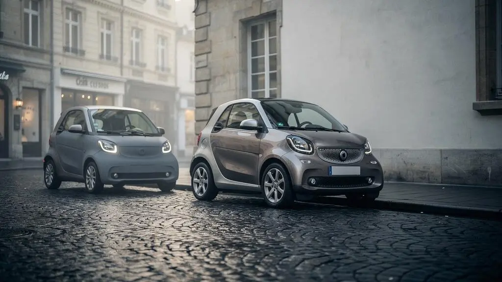 Deux quadricycles urbains, un modele leger et un modele lourd, gares cote a cote dans une rue europeenne illustrant la difference de categorie