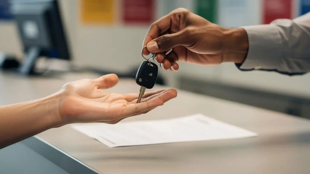 Mains echangeant une cle de voiture au comptoir d'une agence de location, symbole du choix du rachat de franchise