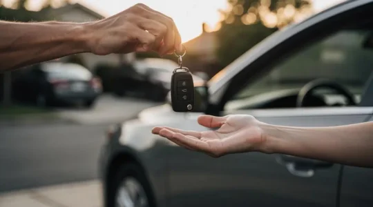 Remise des clés d'une voiture entre deux personnes au coucher du soleil, symbolisant le transfert précis de responsabilité lors d'une vente automobile
