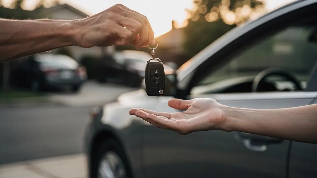 Remise des clés d'une voiture entre deux personnes au coucher du soleil, symbolisant le transfert précis de responsabilité lors d'une vente automobile