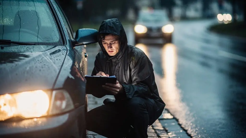 Automobiliste remplissant un constat amiable sous la pluie au bord d'une route, dans une ambiance tendue