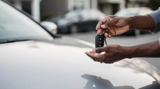 Échange symbolique des clés de voiture entre deux mains, illustrant un moment de confiance lors d'une transaction entre particuliers