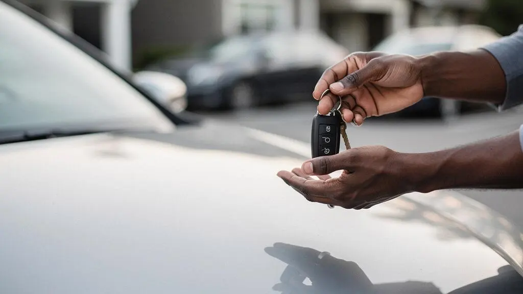 Échange symbolique des clés de voiture entre deux mains, illustrant un moment de confiance lors d'une transaction entre particuliers