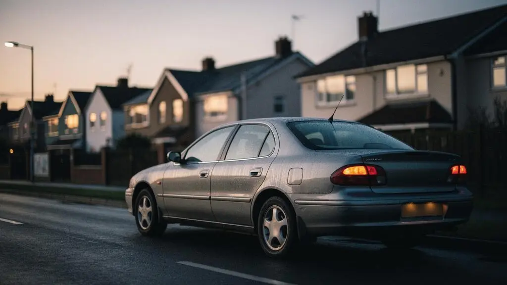 Voiture familiale de plus de huit ans garée le soir dans une rue résidentielle, illustrant le dilemme de conserver ou non la garantie vol