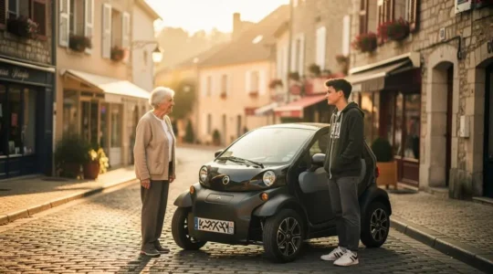 Petite voiture sans permis stationnée dans une rue de ville française au lever du jour, symbole de mobilité accessible à tous les âges.